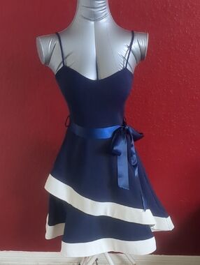 April Navy & White Trim Fit- Flare Spaghetti Strap Mini Dress Satin Waist Tie
